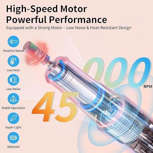Electric Nail Drill Machine 45,000RPM - Professional Electric and Rechargeable Nail Drill with LCD Display, 6 Bits and 30 Sanding Bands, Low Heat Quiet E-File for Acrylic Gel Nails (Pink) thumbnail 2