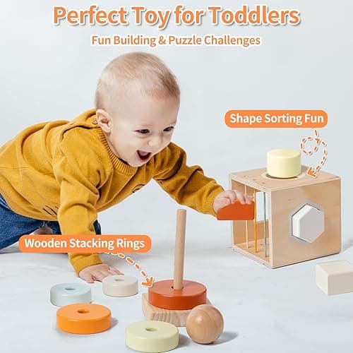 Montessori Toys for 1-3 Year Old, Baby Toys 12-18 Months, Wooden Stacking Rings Toy for Toddlers, Shape Sorting Cube, Xylophone, Preschool Sensory Developmental Educational Toy for Babies thumbnail 3