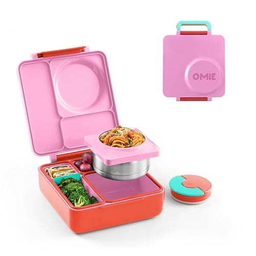 OmieBox Bento Box for Kids - Insulated Bento Lunch Box with Leak Proof Vacuum Insulated Food Jar - 3 Compartments, Two Temperature Zones (Pink Berry) - Image 1