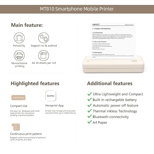 HPRT Portable Printers Wireless for Travel - MT810 Bluetooth Thermal Inkless Compact Printer, Paper Rolls Mobile Printing for Vehicles Office, Compatible with iPhone Android & Laptop - Beige thumbnail 5