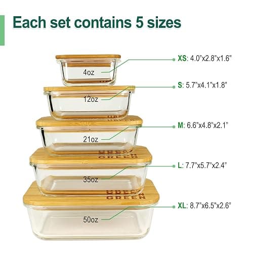 Urban Green Glass Containers with Bamboo Lids, Meal Prep Glass Food storage Container Set, 5 Pack, Pantry & Kitchen Organizer, Microwave, Oven, Freezer Safe thumbnail 4