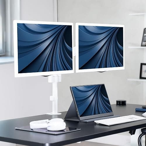 VIVO Dual Monitor Arm Mount for 17 to 32 inch Screens - Pneumatic Height Adjustment, Full Articulating Tilt, Swivel, Heavy Duty VESA Stand with Desk C-clamp and Grommet Option, White, STAND-V002KW thumbnail 6