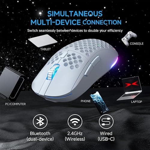 TMKB Falcon M1 Wireless Gaming Mouse, 24000DPI Optical Sensor, 180Hrs Battery, Lightweight, 6 Programmable Buttons, RGB Strip, 2.4G/BT5.2/USB-C Wired for PC/Mac/Laptop - Matte White thumbnail 3