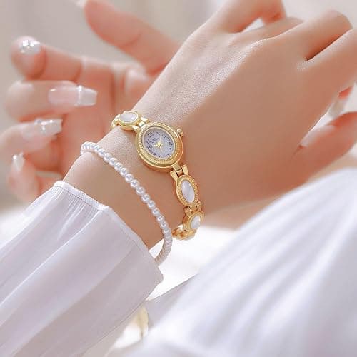 FANMIS Gold Tone Watches for Women with Small Vintage Bracelet Elegant Jade Oval Dial Dress Watch Fashion Quartz Wrist Watch Waterproof Watch thumbnail 2