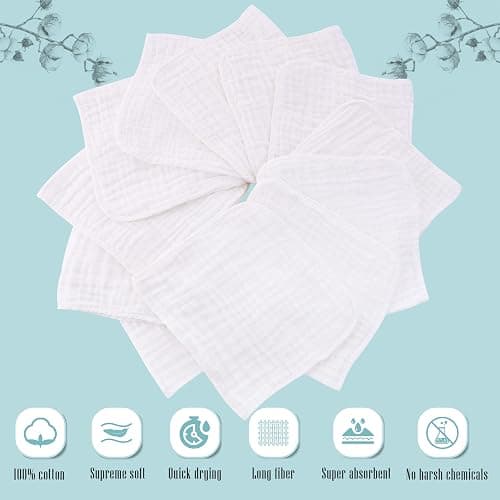 Cute Castle 12 Pack Muslin Burp Cloths for Baby - Ultra-Soft 100% Cotton Baby Washcloths - Large 20'' by 10'' Super Absorbent Milk Spit Up Rags - Burpy Cloths for Unisex, Boy, Girl - White thumbnail 3