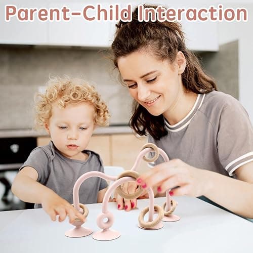 Baby Sensory High Chair Suction Toys for Infant Toddlers 12 18 Months, Food Grade Silicone String with Oak Loop Montessori Educational Parent-Child Baby Bath Toy Gift for Birthday or Easter (Pink) thumbnail 2