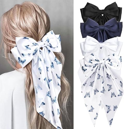MIKONIKO Silky Satin Hair Bows for Women Girls - 4PCS Ribbon Bows for Hair, Big Bow Hair Clips with Long Tail, Barrettes - Cute Hair Accessories Gifts (Black, Navy, Butterfly, White) - Black, Navy, Butterfly, White - Image 1