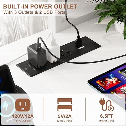 Aheaplus L Shaped Gaming Desk with Power Outlets & LED Lights, Small L- Shaped Desk Computer Corner Desk with Monitor Stand & Storage Shelf, Home Office Desk Writing Desk with Storage Bag, White thumbnail 4