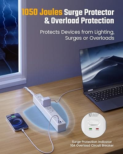 10Ft Extension Cord with Multiple Outlets, SUPERDANNY Flat Plug Surge Protector Power Strip 10 Ft Long Cord, 6 Outlets & 3 USB Ports, Charging Station for Home Office, College Dorm Room Essentials thumbnail 6
