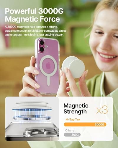 Sinjimoru for MagSafe Phone Grip, Soft Silicone Magnetic Finger Grip for iPhone 16/15/14/13/12, Comfortable One-Touch Holding, M-Tap Tok White - White thumbnail 3