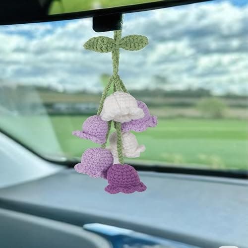GhuaH Crochet Flower Car Hanging Ornaments Purple Rearview Mirror Hanging Accessories for Women and Girls Cute Crochet Tulip Hanging Plant Decor for Decoration Pendant Car Accessories Pendant thumbnail 2