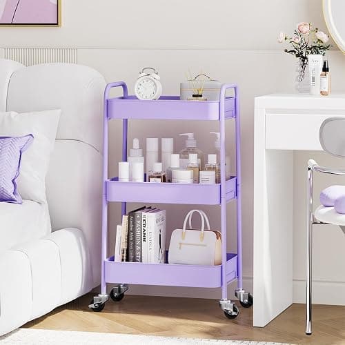 TOOLF 3-Tier Metal Rolling Cart with Wheels, Storage Utility Organizer Cart for Kitchen, Bathroom, Office, Baby Essentials & Makeup - Lockable Casters, Easy Assembly, Large Capacity, Purple thumbnail 7