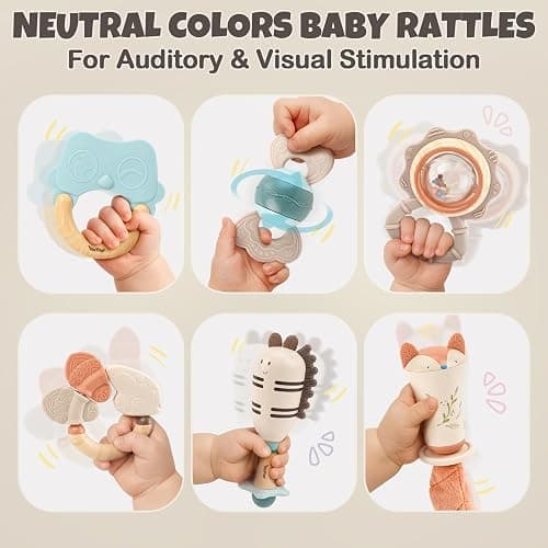 Baby Rattles & Teethers Set – Baby Toys 0-6 Months, Teething Toys 3-6 Months, Sensory Toys with Soft Textures, Gentle Sounds & Easy-Grip Shape, Neutral Newborn Gift（10-Pack） thumbnail 3