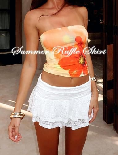 OZICERD Lace Ruffle Mini Skirts for Women High Waisted See Through Pleated Skort Micro Skirt Y2k Cute Short Skirt with Shorts thumbnail 4
