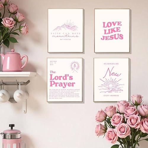 EVER-GOING TUNE Coquette Pink Bible Verse Wall Art Decor Posters Set of 4,Inspirational Scripture Prints,Jesus Wall Art,Minimalist Christian Room Decor for Bedroom/Dorm/Church 10x8 Inch (UNFRAMED) thumbnail 4