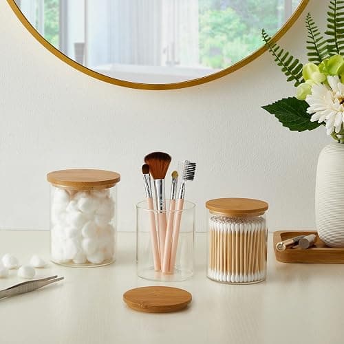 INIUNIK Glass Qtip Holder Dispenser with Bamboo Lid - 2 Pack Apothecary Jars - Cotton Balls Pads Swabs Holder Jar - Bathroom Vanity Canisters Jars for Countertop Storage and Organization thumbnail 4
