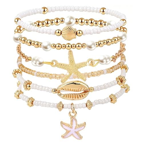 cow print Summer Beach Bracelets for Women Men, Stackable Seashell Starfish Beaded Bracelets, Seaside Holiday Vacation Party Birthday Gifts for Women Surfers Friends Her Him Family - Image 1