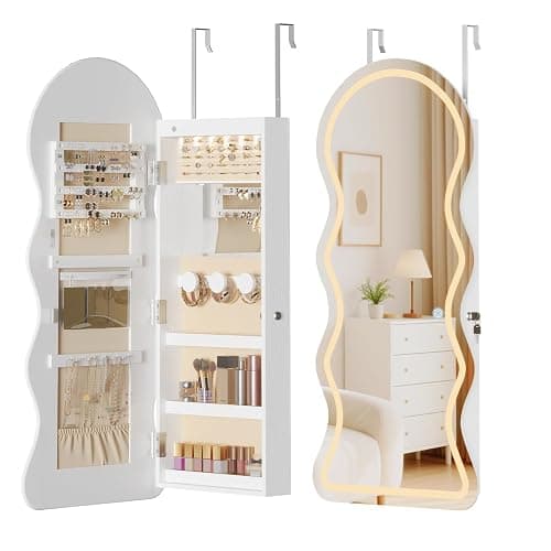 HOOBRO LED Mirror Jewelry Cabinet, Wall/Door Mounted Jewelry Organizer, Jewelry Aromire with Wavy Mirror Full Length, Lockable Jewelry Storage Cabinet, Interior Mirror, 16.5" x 4.1" x 43.3", White - Image 1