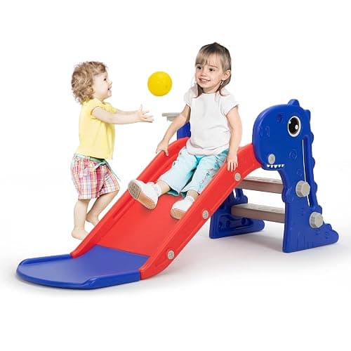 Nyeekoy 3 in 1 Toddler Slide, Kids Slide Climber Playset with Basketball Hoop, Indoor and Outdoor Playground for Kids, Folding Design Freestanding Baby Slide, Easy Assembly - Blue - Image 1