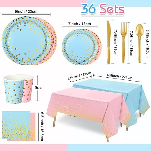 Tegeme 256 Pcs Pink and Blue Gender Reveal Party Supplies Disposable Paper Plate Napkin Cup Gold Dot Plastic Tablecloth Fork Knives Spoon Serve 36 Guest for Easter Baby Shower Birthday Decoration - Pink, Blue, Gold - Gold Dot thumbnail 3