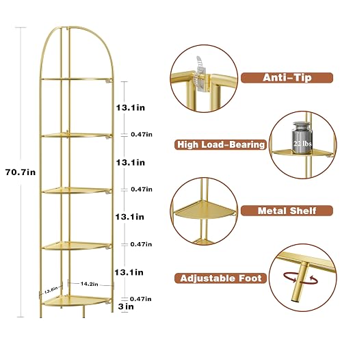 Crofy Foldable 5 Tier Corner Shelf, Metal Corner Plant Stand with Gold Frame and Gold Shelves, Corner Display Rack Multipurpose Shelving Unit for Living Room, Bedroom, Bathroom thumbnail 3