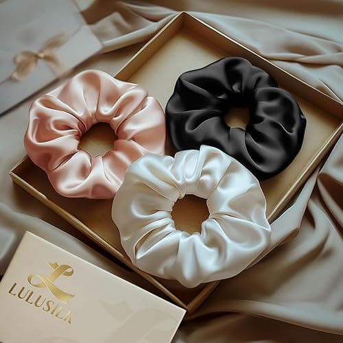 LULUSILK Silk Scrunchies for Hair Sleep, 100% Real Mulberry Silk, No Damage Hair Ties for Women and Girls, Black White and Lotus Pink, Pack of 3 thumbnail 7