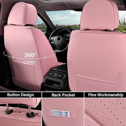 Coverado Car Seat Covers Full Set, Automotive Front and Rear Seat Covers with Backrest, Nappa Leather Car Seat Protectors Waterproof, Universal for Most Vehicles, Pink thumbnail 6