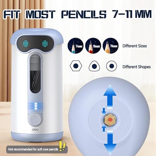 deli Electric Pencil Sharpener, Fully Automatic Pencil Sharpener for 7-11mm Colored/Jumbo Pencils, Auto in & Out, Rechargeable Hands-Free Pencil Sharpener for Classroom Home Office, Low Noise, Blue thumbnail 3