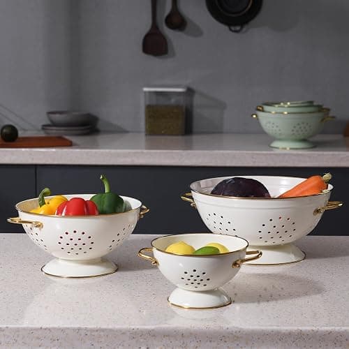 Metal Colander Set of 3, Strainer Basket with Handles perfect for Spaghetti, Pasta, Berry, Vegetable, Fruit, Solid Base Powder Coated Kitchen Essential Strainer Set, 1 & 3.5 & 5 Qt (Cream) thumbnail 6