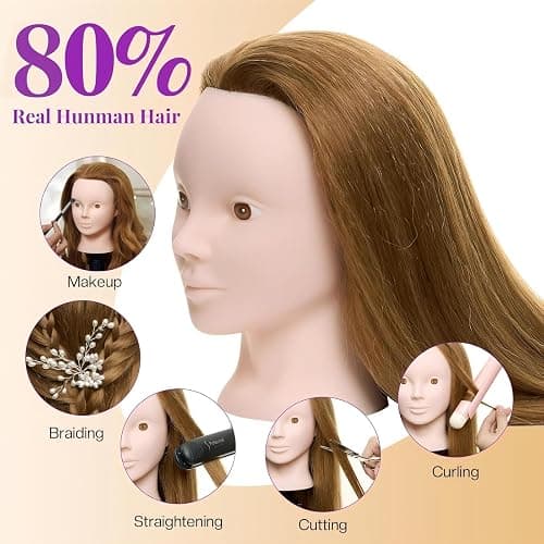 28" Mannequin Head Human Hair - 80% Real Hair Mannequin Head for Makeup Practice, Cosmetology Manikin Doll Head for Hair Styling, Hairdressing Training Head for Braiding #27 thumbnail 2