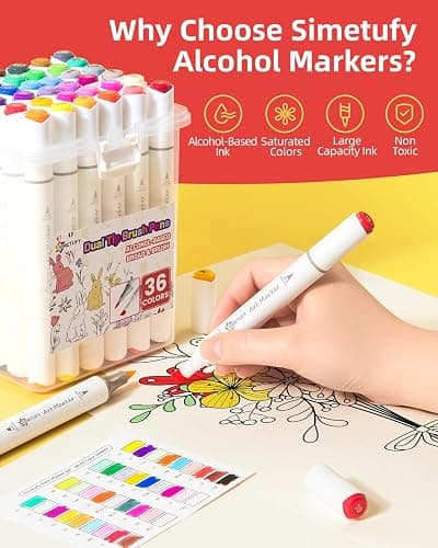 Simetufy 36 Colors Alcohol Markers Brush and Chisel Dual Tip, Coloring Alcohol Markers Set for Coloring Books Drawing Supplies, Basic Bright Colors thumbnail 7