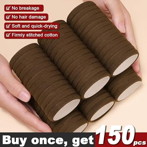 IKOCO 150PCS Hair Ties No Damage for Women, Ouchless Cotton Hair Ties for Thick Hair, Brown thumbnail 2