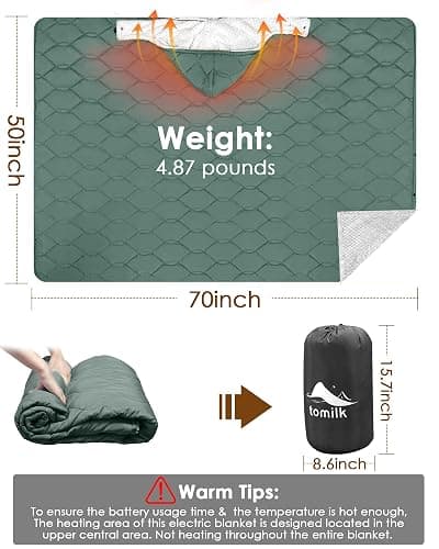 tomilk Heated Blanket Battery Operated with Hood for Camping, 12V Cordless Heating Blanket with 15000mAh Battery, Electric Blanket Throw Shawl (Green) thumbnail 6