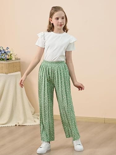 GORLYA Girls Clothing Sets Ruffle Trim Short Sleeve Tops Casual Printed Pleated Wide Leg Pants 2 PCS Outfit Suits 6-14Y thumbnail 5