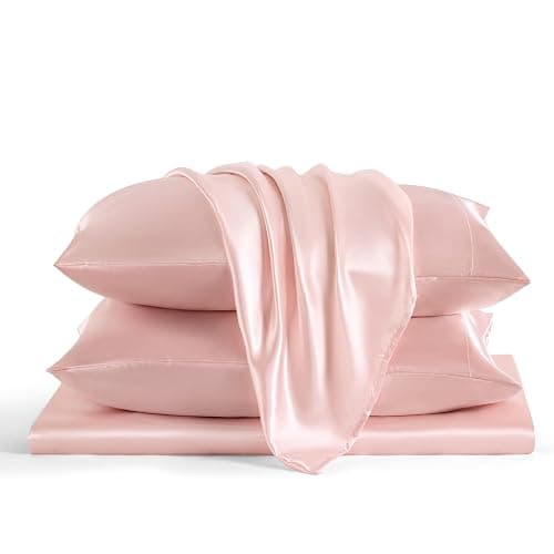Bedsure Pink silk Sheets Queen Size - 4 Piece Silky Bedsheets with 15 Inches Deep Pocket Fitted Bedsheet,1 Flat Sheet, 2 Satin Pillowcases, Good for Hair & Skin (Queen, Peach Pink) thumbnail 9