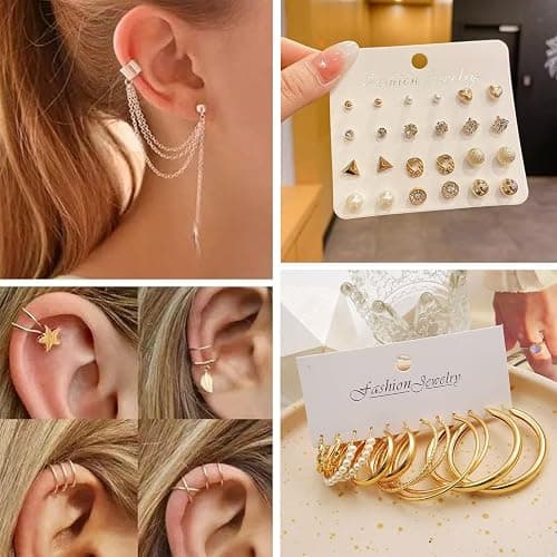 EILINOA 92 Pcs Gold Jewelry Set for Women-Includes 9 Layered Necklaces,16 Bracelets,43 Hoop|Stud|Cuff Earrings & 22 Knuckle Rings |Fashion Jewelry Gift Set thumbnail 6