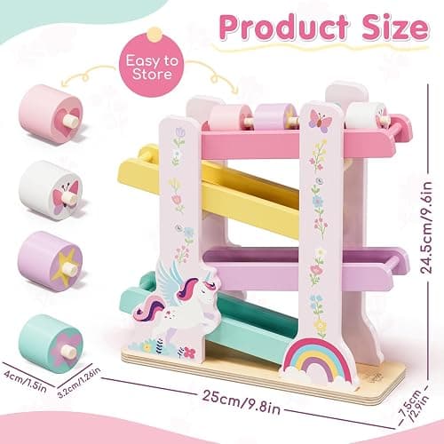 Lehoo Castle Wooden Car Ramp Toys for 1 Year Old Girl Birthday Gifts, Unicorn Montessori Toys for One Year Old, Wooden Race Track with 4 Rollers Toddler Toys for 2 Year Old Girl thumbnail 2