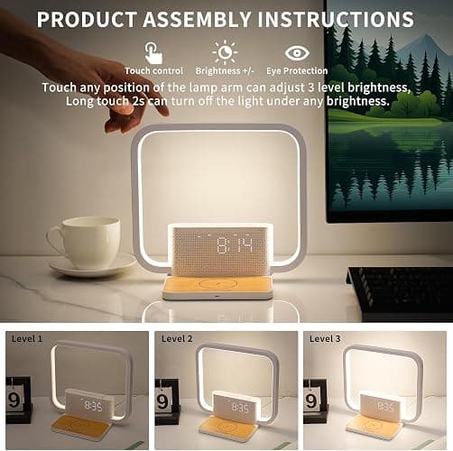 RETEYUNG Bedside Lamp with Alarm Clock and Wireless Charger thumbnail 7