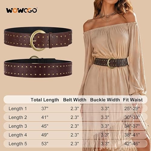 WOWOGO Wide Chunky Leather Belts for Women 2.3" Western Vintage Boho Studded Thick Waist Belt for Dresses thumbnail 6