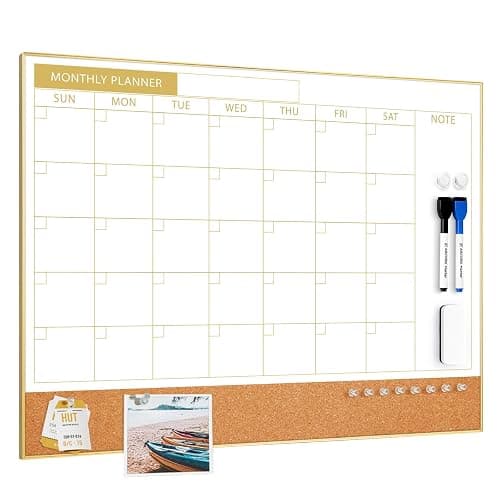 ARCOBIS Dry Erase Calendar Whiteboard Cork Board Combo, 24"x18" Magnetic White Board Calendar Dry Erase for Wall, Gold Frame Monthly Combination Board for Office, Home, School - Image 1