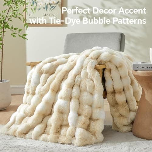 BEDELITE Faux Fur Throw Blanket for Couch, Decorative Tie-Dye Khaki Plush Bubble Blanket - Super Soft & Cozy Fluffy Faux Rabbit Fur Blanket for Women Gift, 60x80 Inches thumbnail 5
