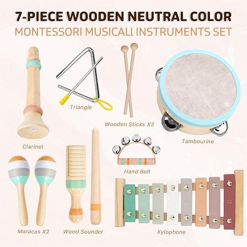 LeeQee Montessori Toys for 1 2 3 Year Old - Wooden Toys Baby Musical Instruments, Neutral Colors Percussion Instruments Set with Modern Boho Xylophone for Toddlers 3+ Music Education thumbnail 2