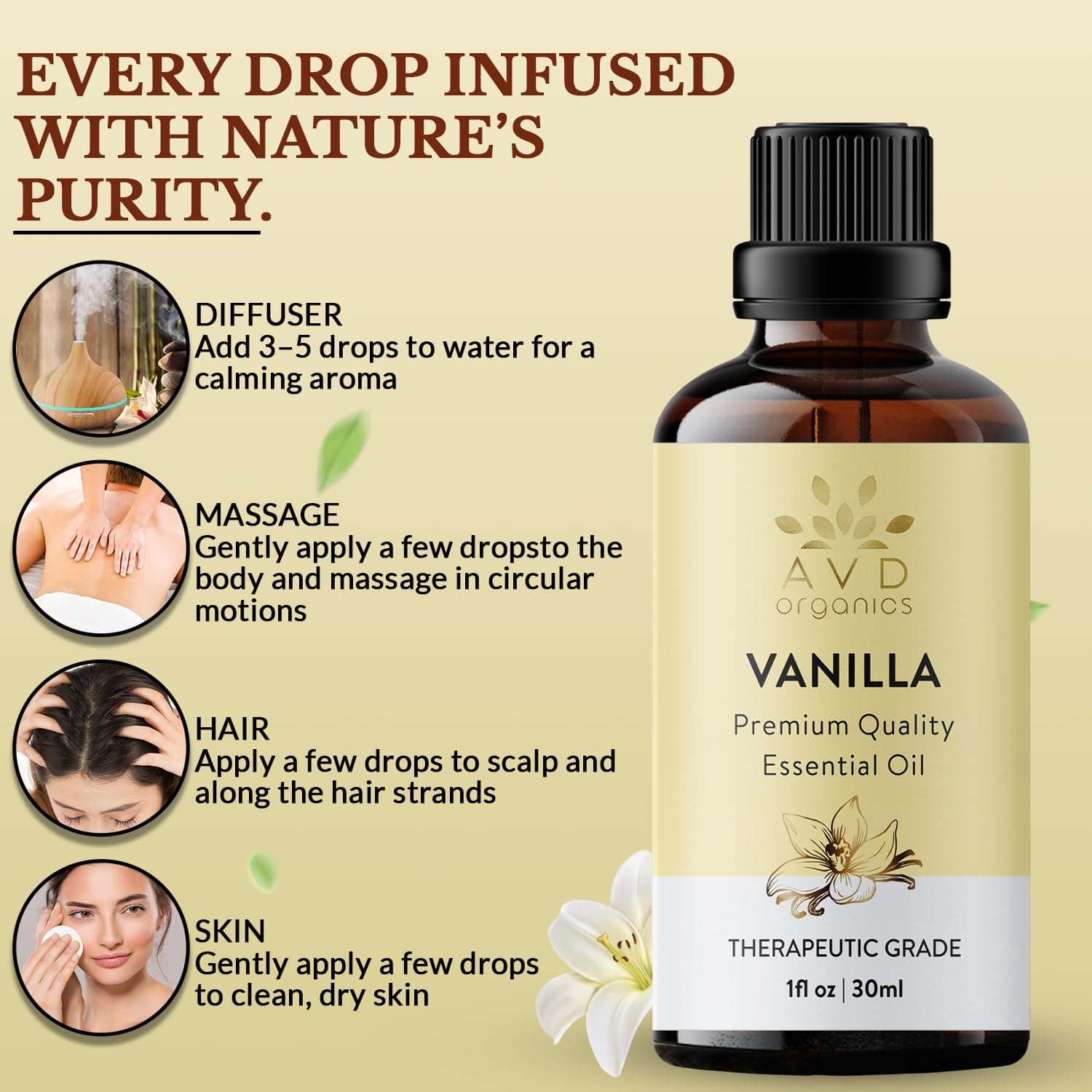AVD Organics Vanilla Essential Oil 30ml | Pure & Natural Sweet Aroma Oil for Diffusers, Candles, DIY Blends & Home Ambience | 1 fl. oz thumbnail 6