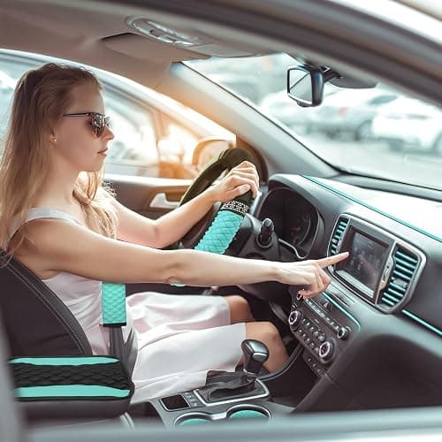 BBTO 43 Pcs Bling Car Accessories Set for Women Front Seats and Rear Bench Polyester Car Seat Protectors Wheel Cover Seat Floor Mats Full Crystal Automotive Interior Decor(Mint Green) thumbnail 7