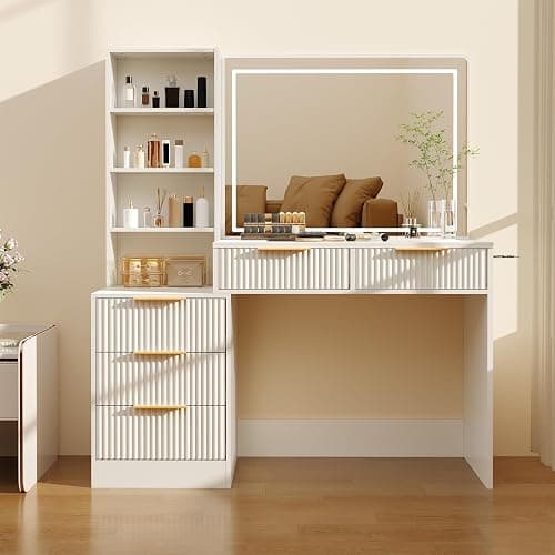 Makeup Vanity Desk with Smart LED Mirror & Charging Station, Large 48" Fluted Wood White Vanity Desk with Power Outlets and USB Ports Modern Glass Top with 5 Storage Drawers Dressing Table for Bedroom thumbnail 9