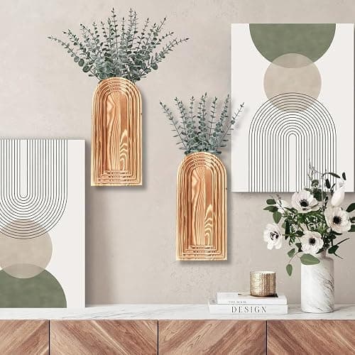 Dnnnii 2 Pack Wooden Wall Vase Set - Brown Finish Modern Farmhouse & Boho Wall Decor for Entryway, Hallway, Bathroom, Living Room, Dining Room, Narrow Spaces thumbnail 3