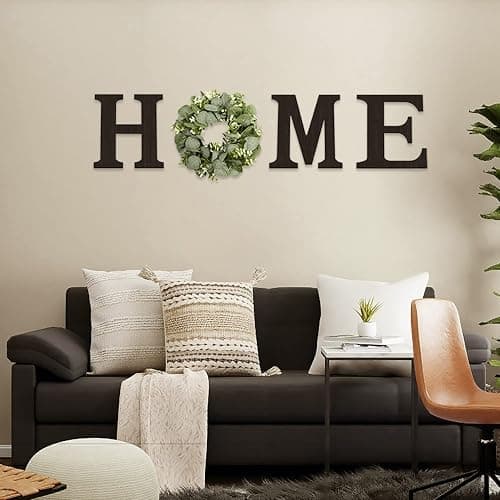 Wood Home Sign with Artificial Eucalyptus Wreath for O, Hanging Farmhouse Wall House Decor Wood Letters for Wall Art Rustic Home Decor, Wall Decor for Living Room Kitchen Entryway (Black) - Black - 9.8L" x 9.3W" thumbnail 8