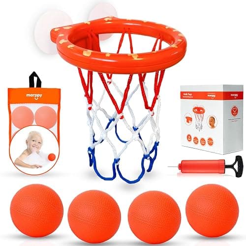 MARPPY Bath Toys, Bathtub Basketball Hoop for Toddlers Kids, Boys and Girls with 4 Soft Balls Set & Strong Suction Cup, Bathtub Shooting Game & Fun Toddlers Bath Toys for Boys or Girls - Image 1