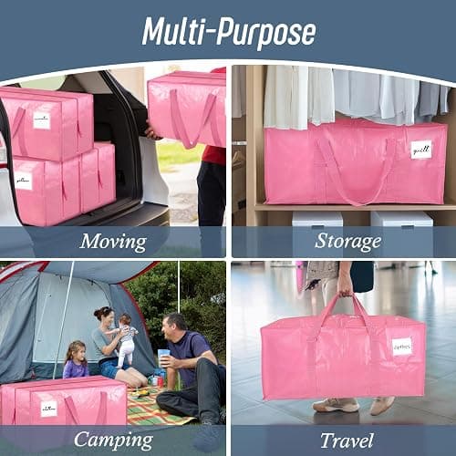 6 Pack Extra Heavy Duty Large Moving Bags with Strong Zipper & Comfortable Handles, Sturdy & Durable Clothes Storage Bags Totes Bins, Packing Moving Boxes for College Supplies, Pink thumbnail 7