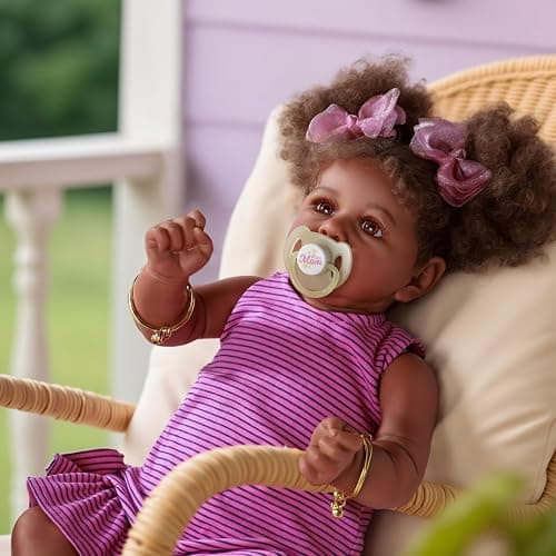 JIZHI Reborn Baby Dolls Black - 22 Inch Lifelike Soft Body Realistic-Newborn Baby Dolls Taupe Eyes Caramel Skin Tone Pink Striped Skirt Real Life and Toy Accessories Gift for Kids Age 3 thumbnail 6